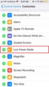 Low Power Mode in Control Settings